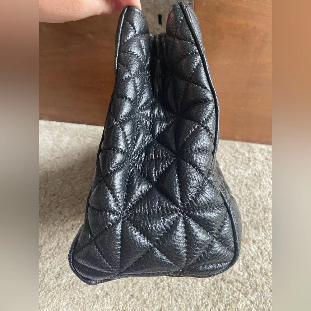 Kate Spade New York Natalia Tote Leather Handbag Black Quilted Silver Chain